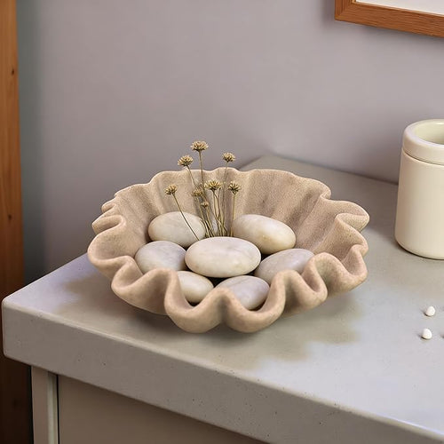 10" Large Handmade Decorative Bowl decor , Handicraft Scalloped Bowls for Modern Home Decor,Ruffle Decor,Key Bowl for Entry Table,Decorative Fruit Bowl for Kitchen Counter,Artificial Stone Beige