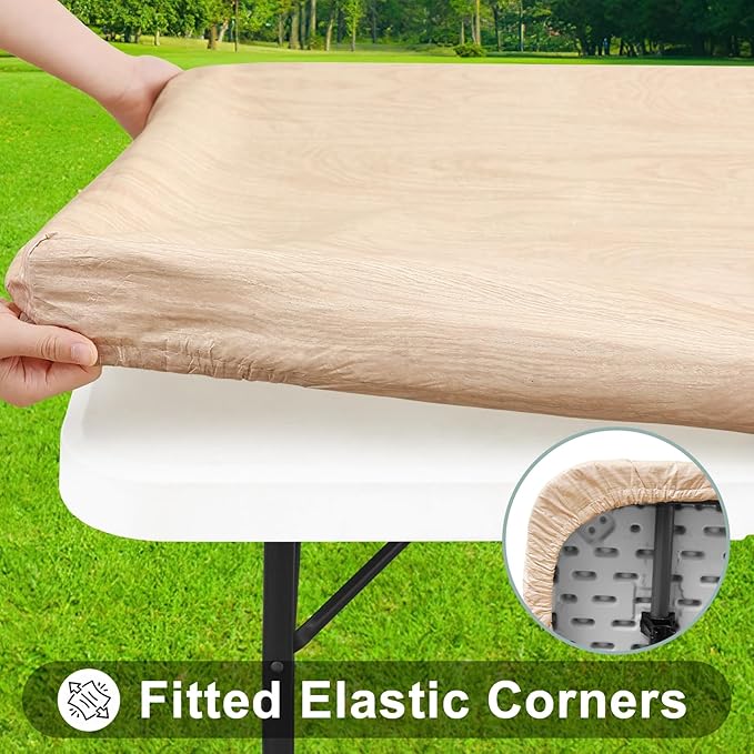 Smiry Rectangle Table Cloth Cover, Waterproof Elastic Fitted Picnic Tablecloth for 4 Foot Tables, Wipeable Flannel Backed Vinyl Tablecloths for Camping, Dining, Outdoor (Beige Wood, 24" x 48")
