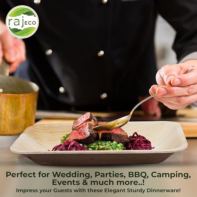 Raj Palm Leaf Plates [200-Pack] Large Square Plates like Bamboo plates Disposable, Strong, Decorative Compostable Tableware for wedding, Lunch, Dinner, Birthday, Camping, Outdoor BBQ, Picnic