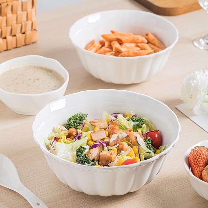 HOMBENE Pasta and Salad Bowls,8.5 Inch Serving and Soup Bowl Set, Microwave and Dishwasher Safe, Set of 2, White, Kitchen Plates and Bowls Set