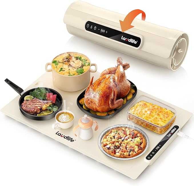 Food Warming Mat 24x16 Inches, Electric Warming Tray with 7 Temps, Foldable Food Warmer for Parties, Buffets, Family Gatherings, Holiday & Sabbath, Child Lock, Heating Mat for Food, Beige