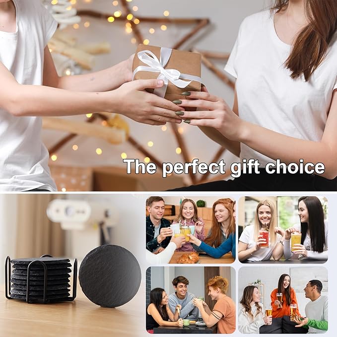 Slate Coasters Set of 24,4-Inch Black Round Stone Drink Coasters with Scratch-Resistant Backing, Durable Tabletop Protection for Home Office Kitchen, Ideal Housewarming Wedding Gifts