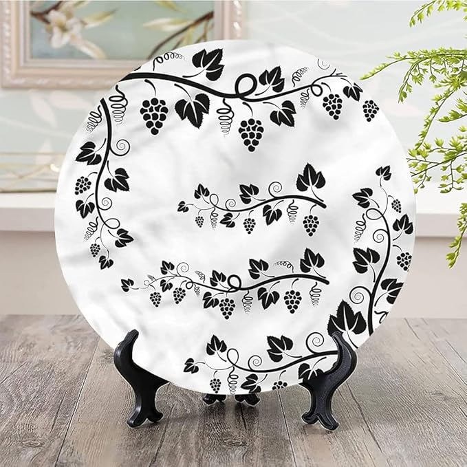Decorative Plates, Vine Print Ornament, Grapes with Twigs Swirl Botany, 8 Inch, 1 Plate with 1 Display Stand, Multicolor