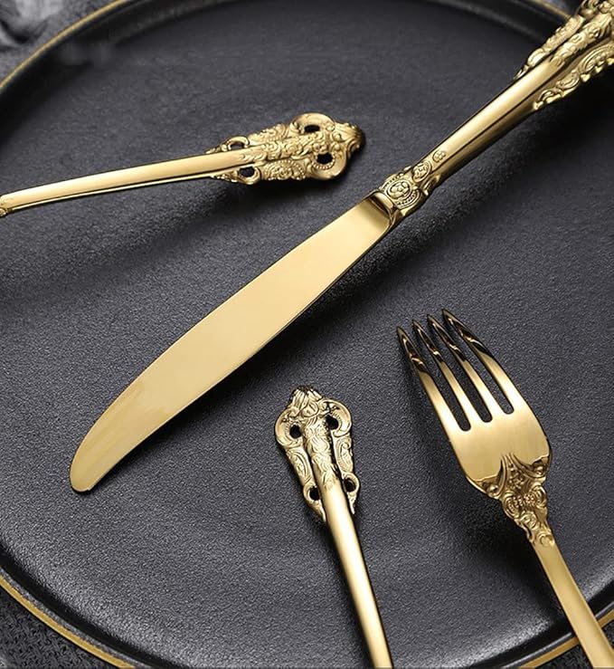 Gold Silverware Set for 16 Durable 18/10 Stainless Steel Flatware Set Palace Style Modern Cutlery Utensils Set 64 Piece Include Knives Forks and Spoons Tableware Set for Home Kitchen Restaurant