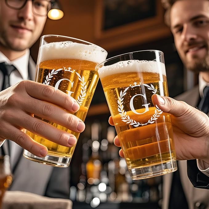 Personalized Beer Glasses Gifts for Men, 16 oz Pint Glasses Monogrammed A-Z Drinking Glass Cups Customized Gift, Unique Christmas Anniversary Birthday Gifts for Men Him Dad Brother Husband Grandpa (G)