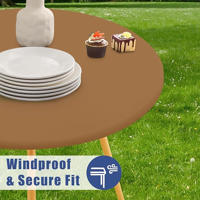 Round Spandex Tablecloth, Elastic Fitted Waterproof Tablecloths for 45"-56" Tables, Stretch Washable Picnic Table Cover for Camping, Dining, Indoor and Outdoor,Brown