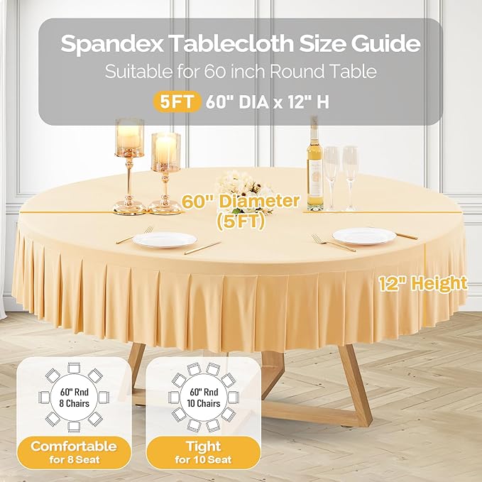 6 Pack Champagne Spandex Round Tablecloths for 60 inch Tables, Stretchy Fitted 5FT Round Table Cloth with Skirt for Wedding Party Dining Banquet