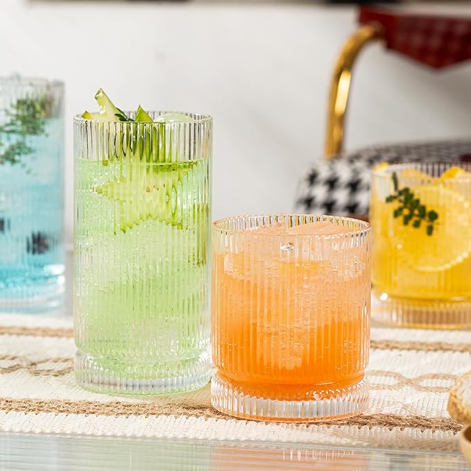 Ribbed Glass Cups Set, 390ml Vintage Drinking Glassware Set of 4, Cocktail Glasses, Low Ball Ribbed Glassware, Mixed Glassware Set, Premium Whiskey Glasses, Ideal for House of Glass