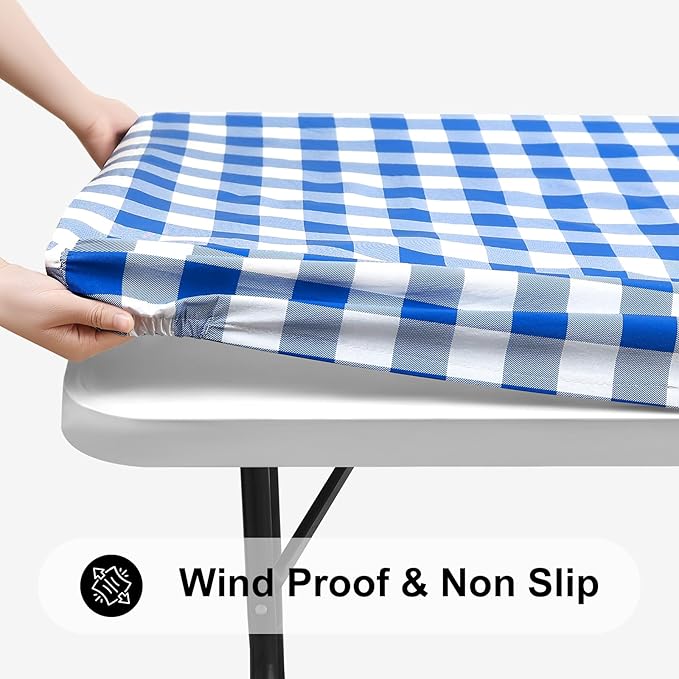 Smiry Rectangle Picnic Table Cloth, Elastic Waterproof Fitted Vinyl Tablecloths, Flannel Backed Buffalo Plaid Table Covers for Dining, Camping, Outdoor (White and Blue, 24" x 48")