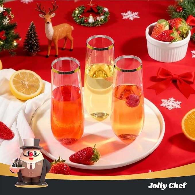 JOLLY CHEF 24 Pack Stemless Plastic Champagne Flutes Disposable 9 Oz Gold Rim Clear Plastic Toasting Glasses Shatterproof Recyclable for Party, Wedding, Birthday, Christmas
