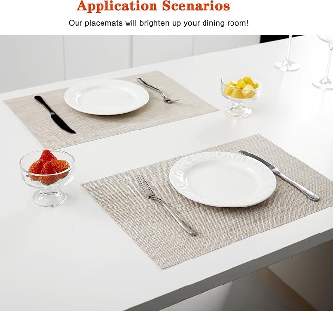Placemats Set of 4,Washable,Heat and Stain Resistant Indoor/Outdoor Place mats,Vinyl Woven Non Slip Table Mats for Restaurant Table Protection,PVC Placemats(Beige White,4PCS)