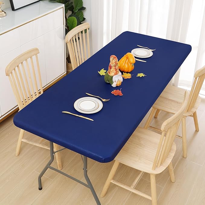 Smiry Rectangle Tablecloth, Elastic Fitted Flannel Backed Vinyl Tablecloths for 6ft Folding Tables, Waterproof Wipeable Table Covers for Indoor, Outdoor, Picnic and Camping (Navy, 30"x72")