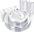 YOUBET 175PCS Clear Plastic Plates with Silver Rim include -Disposable Silver Plstic Plates Includes 50 Silvery Plastic Plate, 25Forks, 25Knives, 25Spoons, 25Cups, 25Napkins for Wedding & Party