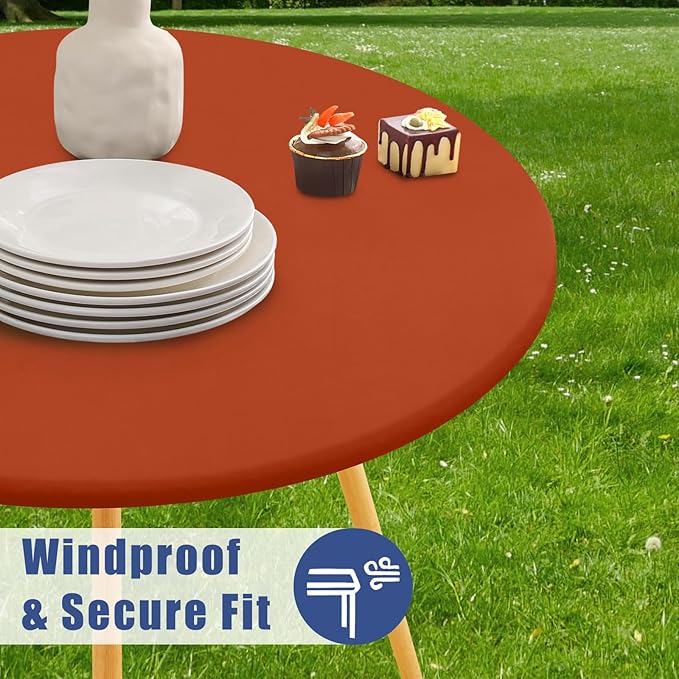 Round Spandex Tablecloth, Elastic Fitted Waterproof Tablecloths for 31"-35" Tables, Stretch Washable Picnic Table Cover for Camping, Dining, Indoor and Outdoor, Rust