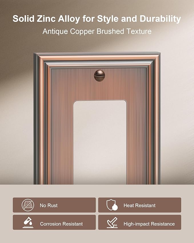 2-Pack Decorator Outlet Cover Plate, Antique Copper Decorative Switch Plates and Outlet Covers, Durable Zinc Alloy Wall Plates for Electrical Outlets, Receptacle, GFCI Outlet, Dimmer Switch