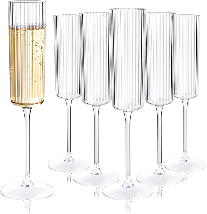 Ciaell 24 Pack Plastic Champagne Flutes - 6oz Ribbed Disposable Champagne Glasses - Clear Vintage Mimosa Glasses with Long Stem, Elegant for Weddings, Birthdays, Party