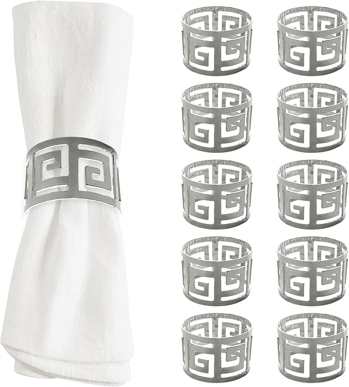 Shiny Silver Napkin Rings Set of 12, Greek Key Round, Modern Cuff Design for Wedding Party Decorations, Kitchen, Holiday Table,Rust Proof,Hotel, Home,Iron, Table Accessories for Dining,Gift