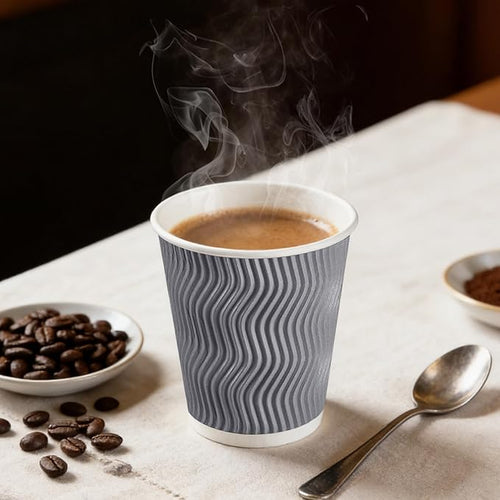 100 Pack 8 oz Coffee Cups with Lids, Disposable Insulated Hot Cups To Go Paper Coffee Cups, Corrugated Ripple Wall Cup for Hot Drink, Office, Coffee Bar (Grey 8 oz)