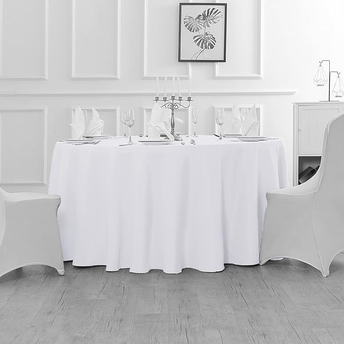 Fokitut 6 Pack Round Tablecloth, 132 Inch, Stain Resistant and Wrinkle Polyester Table Cloth, Fabric Table Cover for Kitchen Dining, Wedding, Party, Holiday Dinner-White