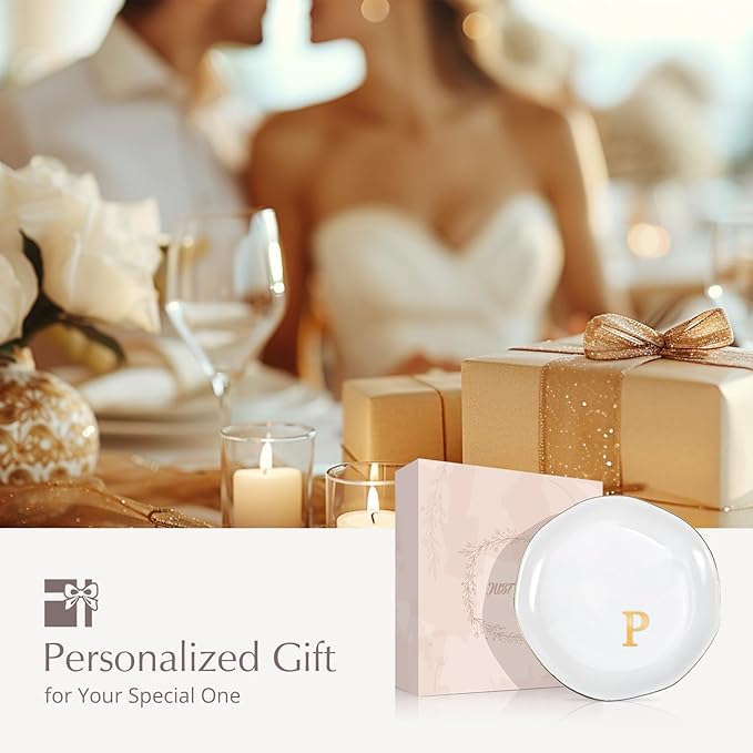 ProCase Ceramic Jewelry Tray, Initial Ring Dish Trinket Plate Engagement Gift, Small Personalized Monogram Ring Bowl for Wedding, White Decorative Jewelry Holder for Women Vanity -Letter P