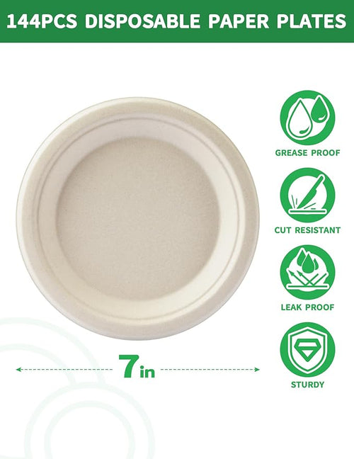 100% Compostable 7 Inch Paper Plates [144-Pack] - Biodegradable Sugarcane Bagasse Dessert Plates for Cake, Appetizers, Salads | Heavy Duty Disposable Plates for Kids Birthday & Holiday Party Supplies