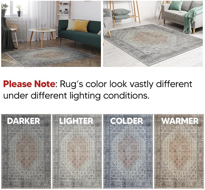 Keen Home Design 5x7 Rug - Machine Washable Area Rug with Non-Slip Backing, Ideal for Living Room, Dining Room, Bedroom - Vintage, Easy Clean, Durable, Low Pile - (5' x 7')