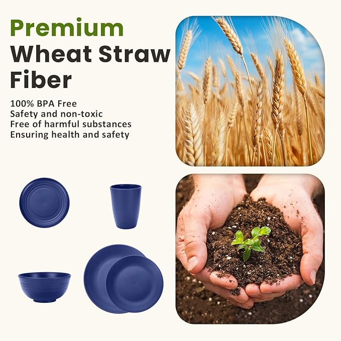 Homienly 40 PCS Wheat Straw Dinnerware Set, Reusable Plates and Bowls Sets, Cups, Lightweight and Unbreakable Dishes Set for 8, Microwave & Dishwasher Safe Dinnerware Sets for Kitchen - Dark Blue