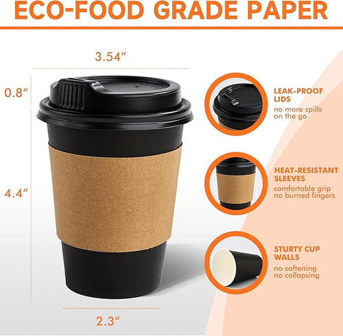 100 Pack 12 oz Disposable Coffee Cups with Lids and Sleeves, Sturdy Paper Cups for Hot/Cold Drinks, Leak-Proof To Go Coffee Cups with Lids for Home, Café, Events, Office, Black