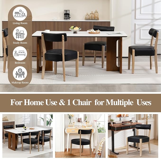 Modern Dining Chairs Set of 6 – Mid-Century Modern Faux Leather Upholstered Kitchen & Dining Room Chairs with Curved Back, Oversized Rounded Seat, Sturdy Wood Frame, Black