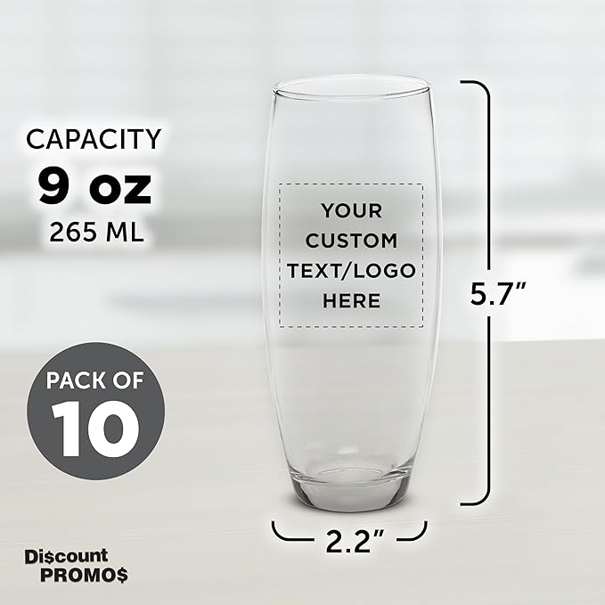 DISCOUNT PROMOS 10 ARC Stemless Champagne Flutes Set, 9 oz. - Customizable Text, Logo - Cachet, Glassware, Cocktails - Clear