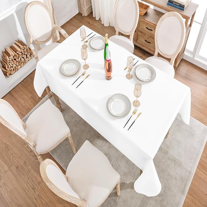 Rectangle 4 Feet Tablecloth 60x84 inch Linen Textured Table Cloth Stain and Wrinkle Resistant Washable Polyester, Decorative Table Cover Waterproof for Dining, Buffet and Camping, White