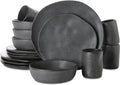 Stone by Mercer Project HEKONDA Modern Debossed Stoneware 16-Piece Dinnerware Set,Plate and Bowl Set, Dish Set for 4, Gray
