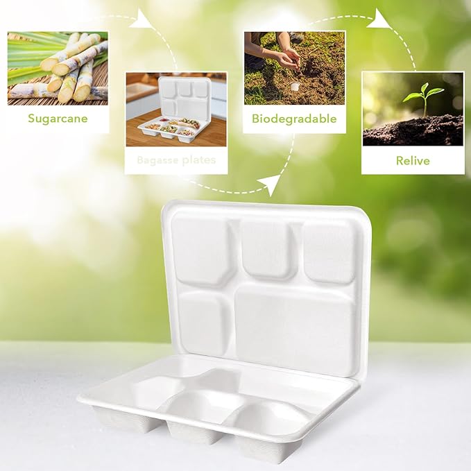 three leaf 5 COMPARTMENT MEAL TRAY WITH LID SET, 25 SETS. Heavy-Duty- Super Strong- Natural- Eco-Friendly Disposable Bagasse Plates with lid, 100% Biodegradable Plates