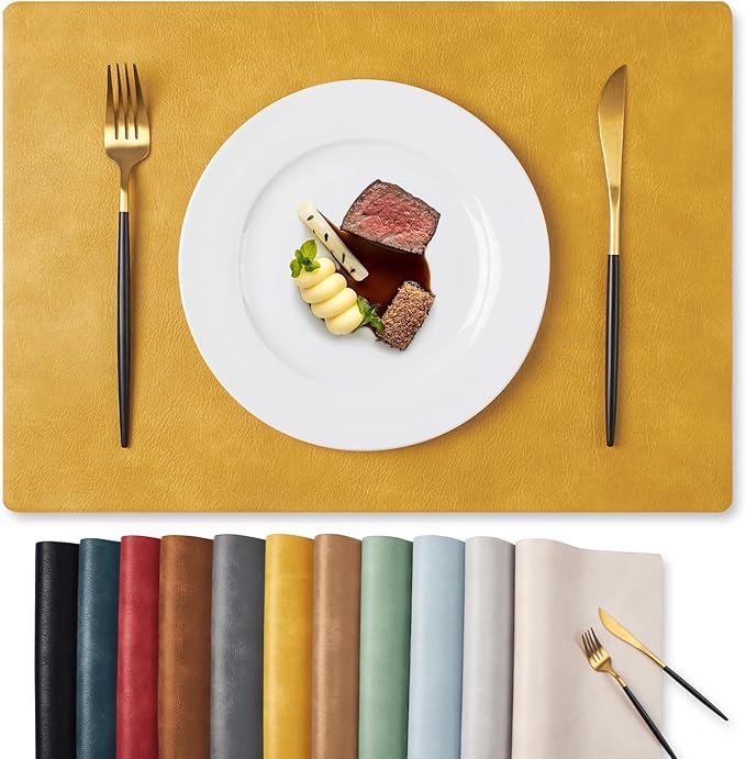 MOSAYT Vinyl Placemats Set of 6-12 X 17 Inch - Faux Leather 100% Waterproof Oil-Proof Wipeable PU Place Mats, Heat Resistant Reversible Table Mats for Kitchen, Dining, Outdoor (Yellow)