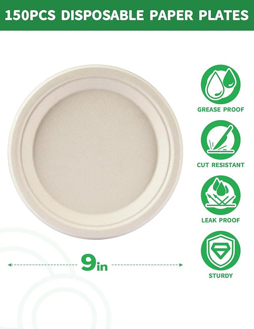 100% Compostable 9 Inch Paper Plates [150-Pack] - Heavy Duty Disposable Dinner Plates Made of Natural Bagasse, Biodegradable & Eco-Friendly for Parties, Wedding, Catering