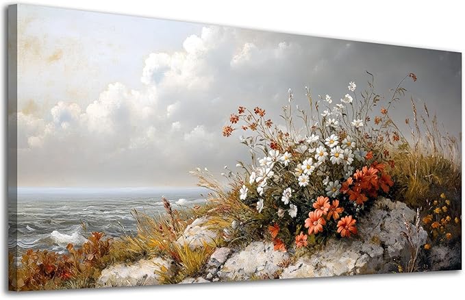 ADJUVANT Wall Art Vintage Coastal Floral Scene 60"L x 30"W, Seaside Wildflowers By The Ocean Canvas Painting Nature Artwork Coastal Blooms Prints Botanic Decor for Living Room Bedroom Bathroom Home Office