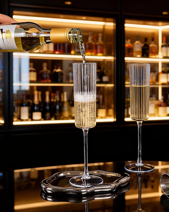 Ciaell 24 Pack Plastic Champagne Flutes - 6oz Ribbed Disposable Champagne Glasses - Clear Vintage Mimosa Glasses with Long Stem, Elegant for Weddings, Birthdays, Party