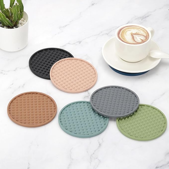 uxcell Set of 6 Round Drink Coasters with Holder, 4" Silicone Coaster for Drinks Non-Slip Cup Coaster Heat Resistant Glass Cushion for Bar Kitchen Office Decor, Brown(Pentagon)