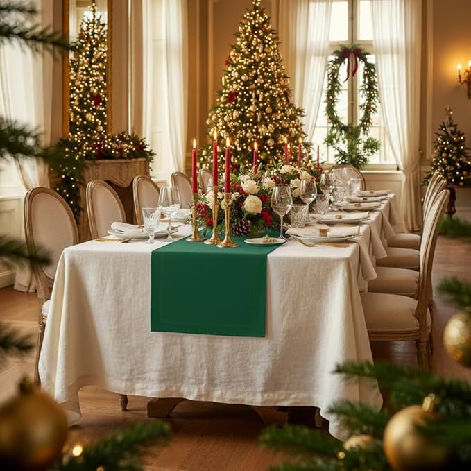 D'Moksha Homes Linen Forest Green Table Runner 72 Inches Long - 100% Pure Linen 14 x 72 Inch Table Runner for Dining, St Patricks Day, Easter - Machine Washable