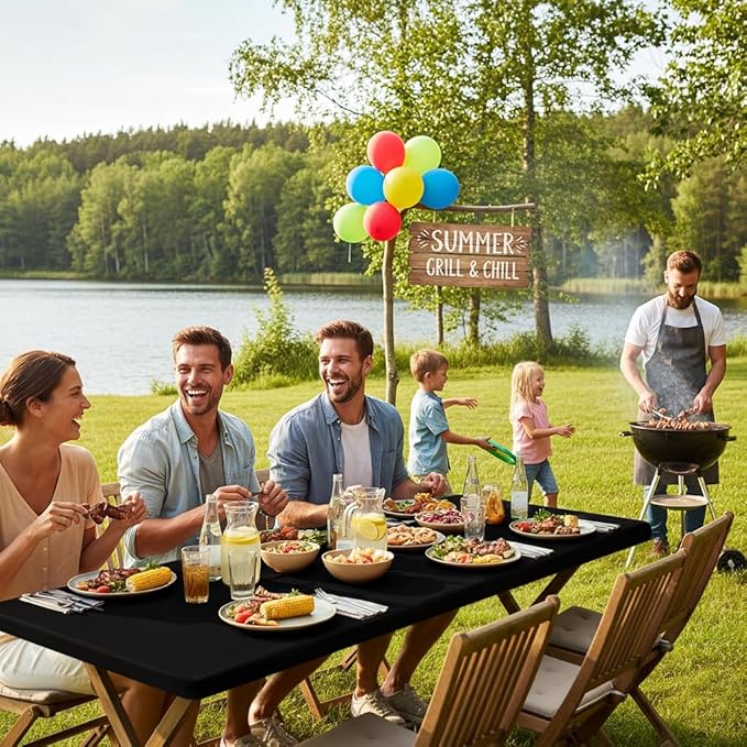 Smiry Rectangle Picnic Table Cloth, Waterproof Elastic Fitted Tablecloths for 8 Foot Tables, Washable Polyester Table Cover for Camping, Indoor and Outdoor (Black, 30"x96")