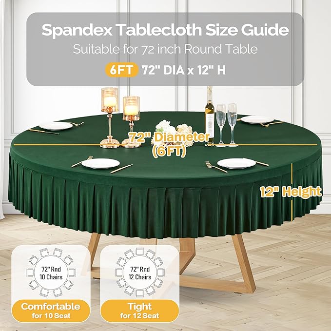 1 Pack Hunter Green Spandex Round Tablecloths for 72in Table, Stretchy Fitted 6FT Round Table Cloths, Wrinkle Free Table Cover with Skirt for Wedding Birthday Party Bridal Shower Banquet