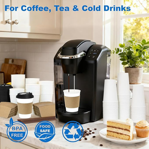 12 oz 100 Pack Coffee Cups with Lids and Sleeves, Straws, Hot Disposable To Go Travel Paper Cups Bulk for Office, Home Coffee Bar Accessories, Chocolate, Cocoa, Beverage (White)