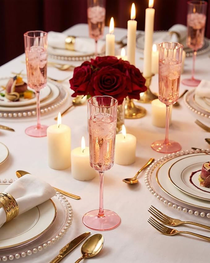 Ciaell 24 Pack Pink Plastic Champagne Flutes - 6 Oz Flower Wavy Champagne Glasses - Heavy Duty Vintage Disposable Glassware for Party & Anniversary & Wedding & Valentine's Day