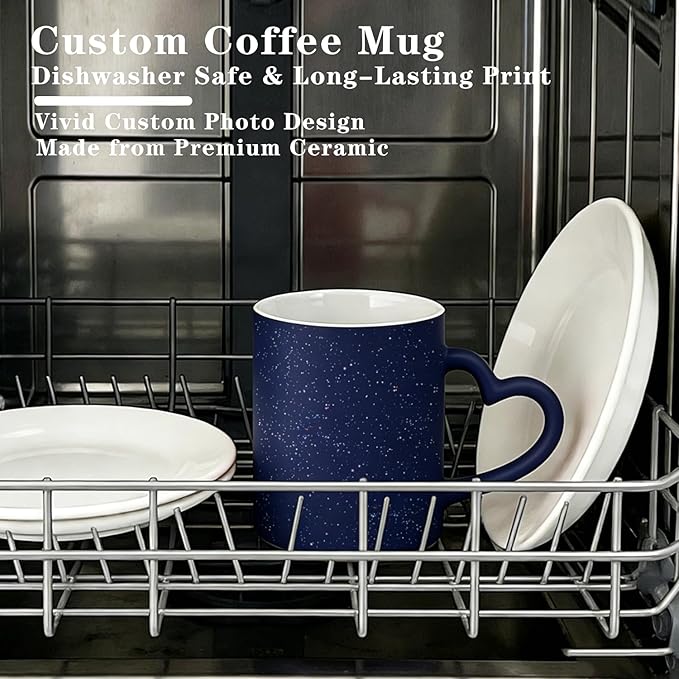 Custom Color Changing Mug,Personalized Photo Logo Text Print,Hidden Image Shows with Hot Drinks,Heart Shaped Handle Ceramic Coffee Cup,Home Office,for Valentine's Day (Dark Blue Starry)