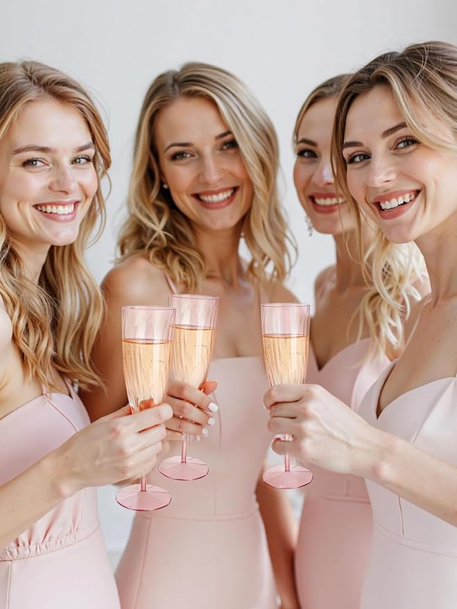 WDF 36PCS Pink Champagne Flutes Plastic - 6OZ Pink Disposable Champagne Flutes Party Supplies for Wedding Birthday Parties Valentine's Day Galentine's Day