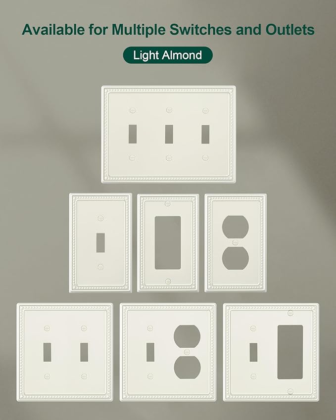 6-Pack Duplex Outlet Cover Plate, Light Almond Metal Wall Plates for Electrical Outlets, 1 Gang Receptacle Light Switch Cover, Pearls Decorative Switch Plates and Outlet Covers