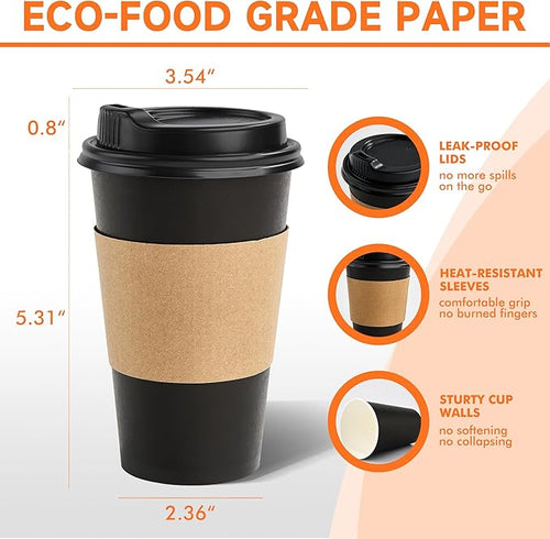 100 Pack 16 oz Disposable Coffee Cups with Lids and Sleeves, Sturdy Paper Cups for Hot/Cold Drinks, Leak-Proof To Go Coffee Cups with Lids for Home, Café, Events, Office, Black