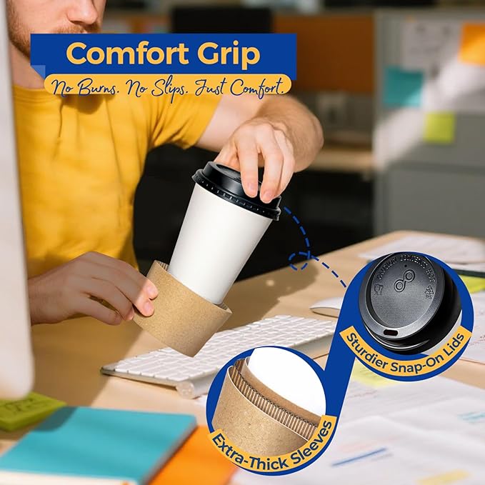 Fit Meal Prep 500 Pack 12 oz Disposable Coffee Cups with Lids, Sleeves, Leak-Proof To Go Coffee Cups with Lids, Durable Paper Cups for Hot Beverage, Home, Office, Party