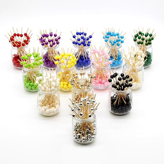 Minisland Purple Pearl Cocktail Picks, 4.7 Inch Long Bamboo Fancy Toothpicks for Appetizers, Decorative Bridal Wedding Holiday Party Food Drink Garnish Fruit Kabob Skewer Sticks 100 Counts - MSL454