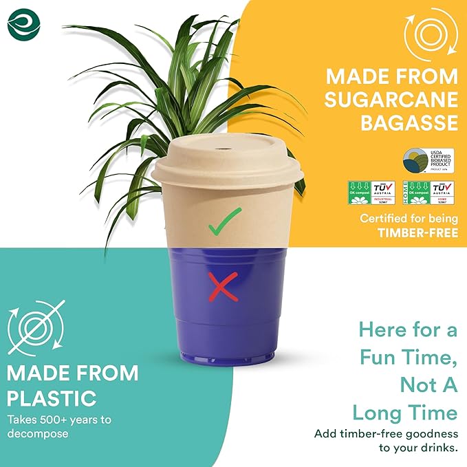 ECO SOUL 100 Pack 16 oz Disposable Coffee Cups with Lids & Sleeves Eco-Friendly, Biodegradable, Compostable, Leak-free & Sturdy To Go Hot Drink Cup for Tea, Chocolate Party Travel Cafe Office & Home